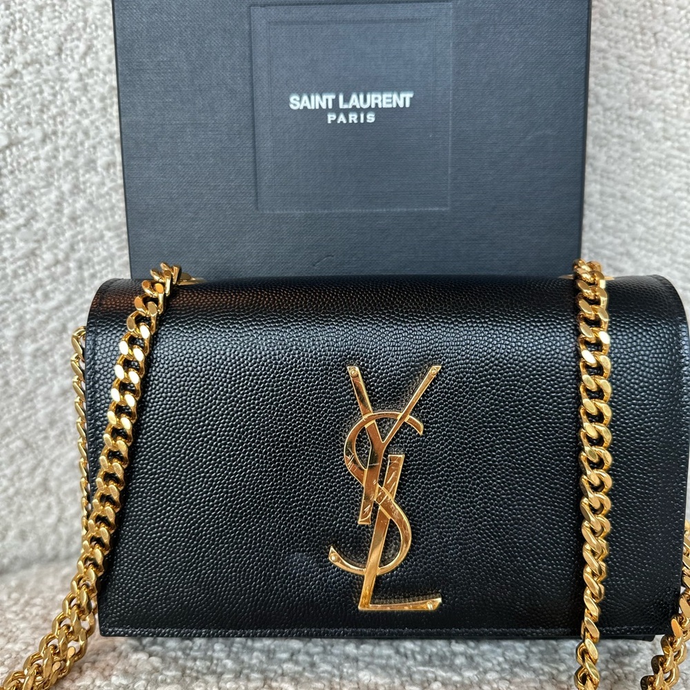 Saint Laurent Kate Small Crossbody Bag  — Black Grain de Poudre & Gold Hardware